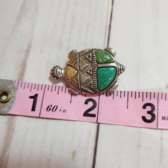 Turquoise and Coral Sterling Silver Turtle Pendant Brooch - Picture 7 of 10